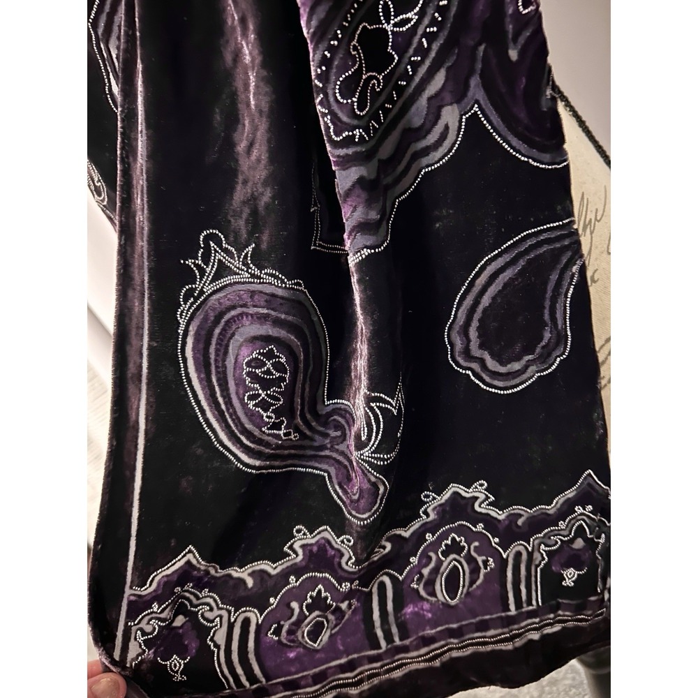 Nina Ricci Silk Purple Velvet Paisley Embellished Shawl Scarf Beaded Burnout - Picture 4 of 6
